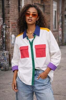 Good Time USA Multi-Color Block Long Sleeve Button Down Shirt with Pockets